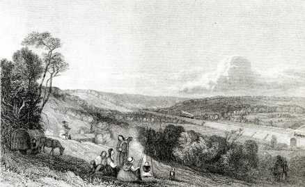 The Hill Above Boxmoor Towards Berkhamsted c1839 - steam trains in the distance on the newly built railway embankment.