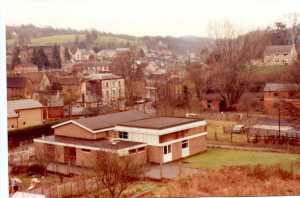 Nailsworth former railway goods yard and Railway Hotel viewed from Watledge 1982.